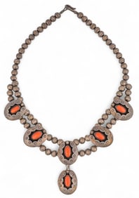 Coin Silver and Red Coral Squash Blossom