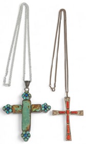 (2) Sterling Silver and Stone Cross Necklaces
