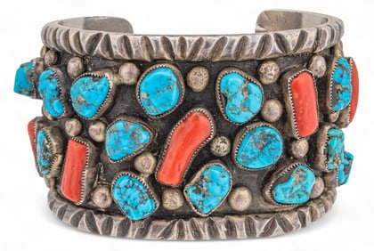 1975 Sterling SIlver Turquoise and Coral Cuff