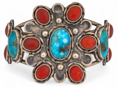 Sterling Silver Turquoise and Coral Cuff