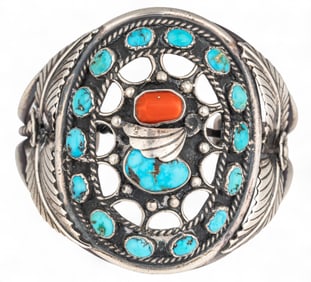 Old Pawn Sterling Silver Turquoise and Coral Cuff