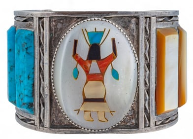Zuni Style Sterling Silver Turquoise and Mother of Pearl Cuff
