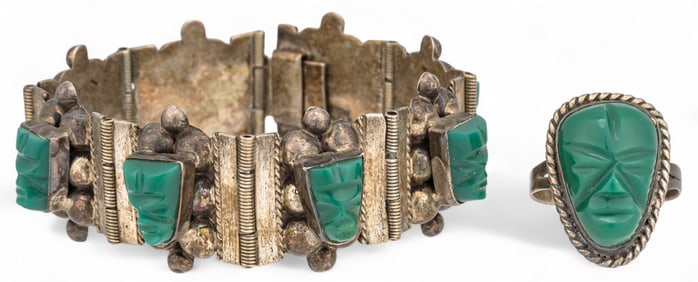 Mexican Sterling SIlver Stone Face Bracelet and Ring