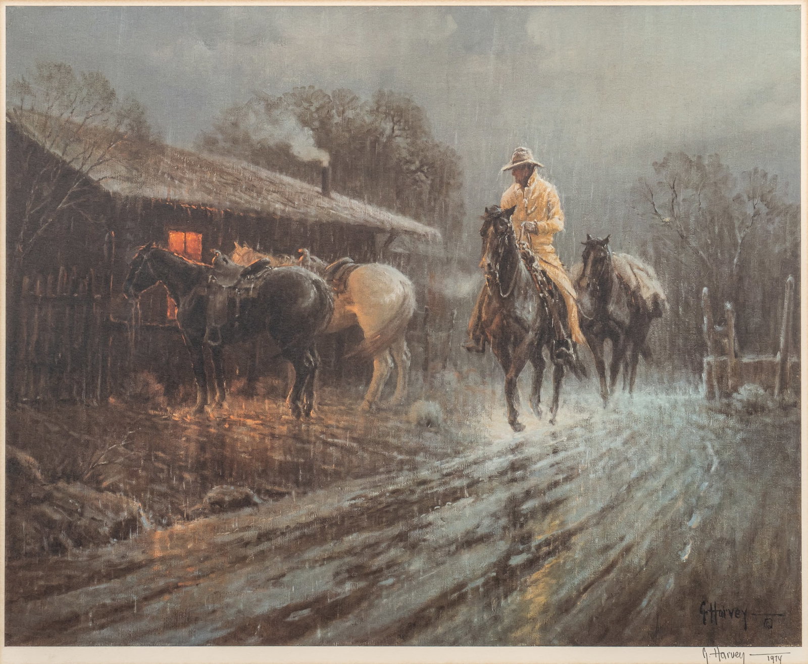 G. Harvey, "Drifting Cowhand": Gerald Harvey Jones (Texas, 1933-2017), "Drifting Cowhand", lithograph signed and dated 1974 by the artist sight: 21.5 x 26.5 in., frame: 30 x 34.5 in. 