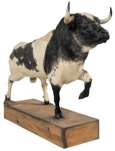 Full Body Bull Mount: Bull full body mount taxidermy, on large wooden base height 71 in. x width 27 in. x depth 87 in.Provenance: Property from a home in Azle, Texas