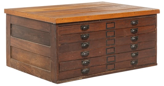 Vintage Wooden Flat File Cabinet with Six Drawers