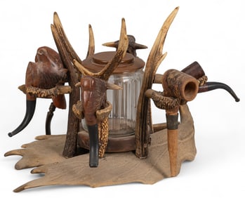 Antler Pipe Display with (7) Hand-Carved Pipes