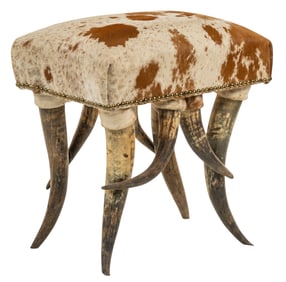 Cowhide Upholstered Horn Leg Stool