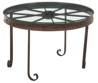 Iron Wagon Wheel Coffee Table with Glass Top
