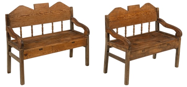 Pair of Rustic Oak Benches with Drawer