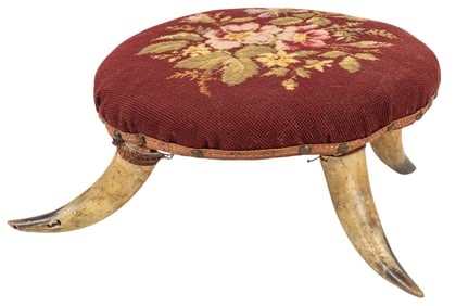Needlepoint Footstool with Horn Legs