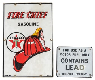 Porcelain Texaco Fire Chief & Contains Lead Signs