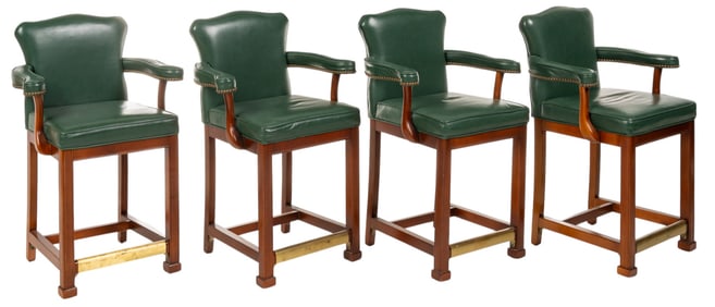 Set of (4) Green Leather Bar Chairs by Old Hickory Tannery
