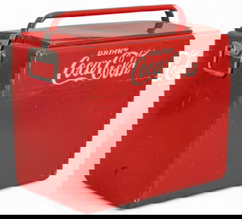Vintage Coca-Cola Cooler with Bottle Opener: Vintage Coca-Cola cooler, red painted metal with white 'Drink Coca-Cola' logo, with handle, latch, and bottle opener on side height 18.5 in. x width 20.5 in. x d