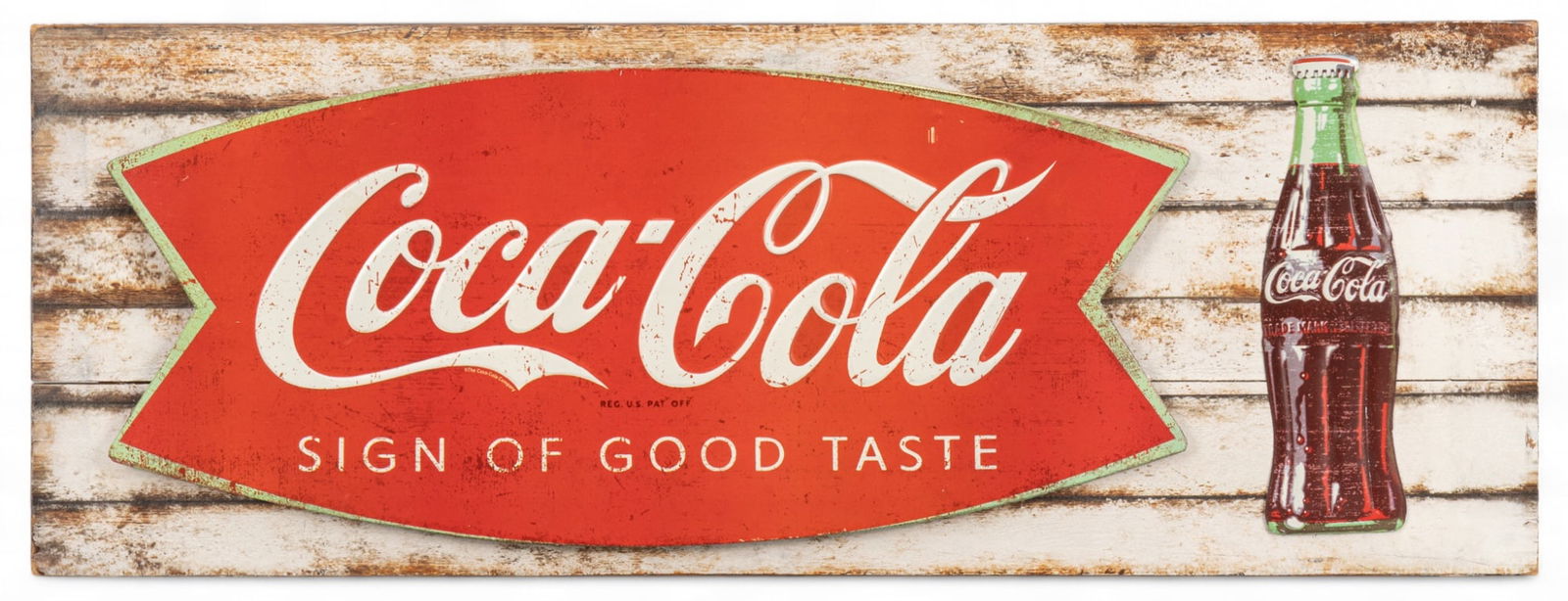 Coca-Cola 'Sign of Good Taste' Wood & Metal Sign: Coca-Cola sign with graphic motif of the iconic fishtail logo and bottle, wood and metal, marked 'Sign of Good Taste' height 10.5 in. x width 29 in. x depth 1.5