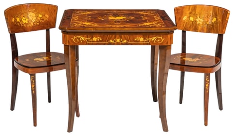 Italian Inlaid Wood Gaming Table & Two Chairs