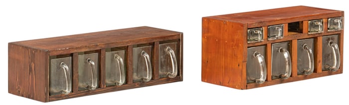 Two Vintage Spice Cabinets with Glass Drawers