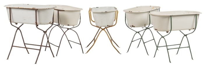 Set of Five Small Enamel Tubs on Stands