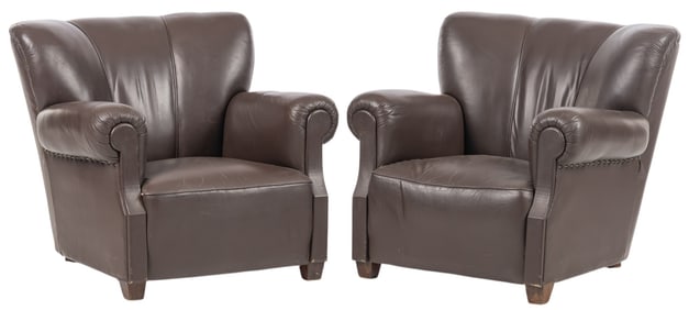 Pair of Brown Leather Armchairs