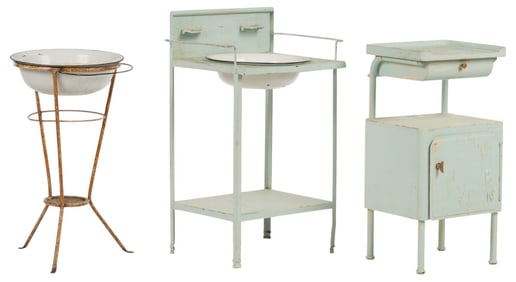 (2) Vintage Metal Washstands and Cabinet