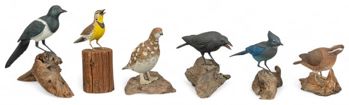Jack Bayman, (6) Hand-Carved & Painted Bird Sculptures