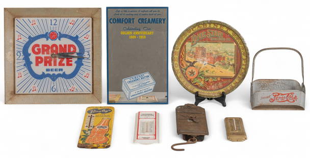(8) Vintage Advertising Signs & Memorabilia Items: Collection of eight advertising signs and memorabilia with a Grand Prize Beer clock, Comfort Creamery mirrored sign, Lone Star Brewing beer tray, Pepsi-Cola metal carrier, and various thermometers and
