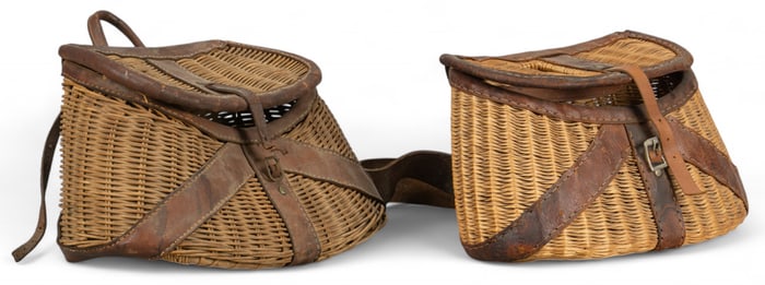 Pair of Vintage Woven Fishing Creels with Leather Straps
