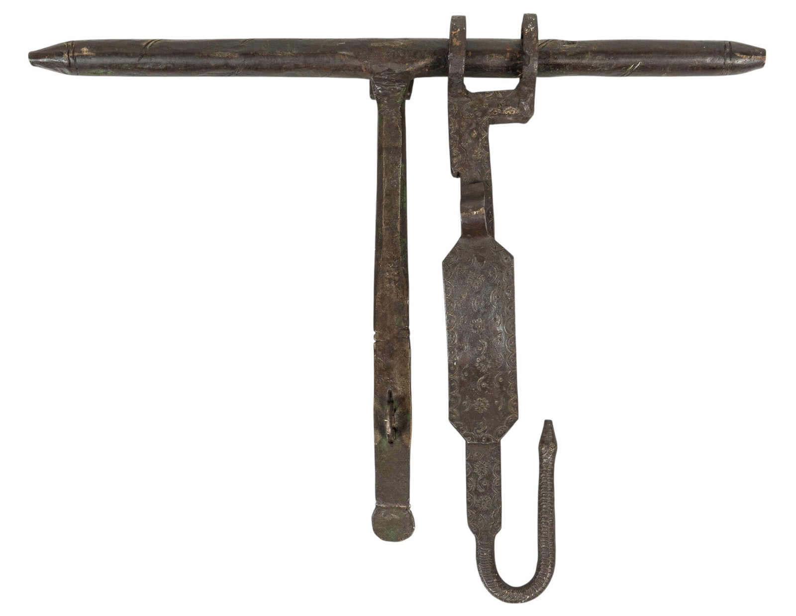 Hand-Forged Mexican Iron Latch Lock: Hand-forged Mexican iron latch lock, with sliding bolt and decorative hook mechanism height 20 in. x width 26 in. x depth 3 in. Provenance: From a home in Azle, Texas.