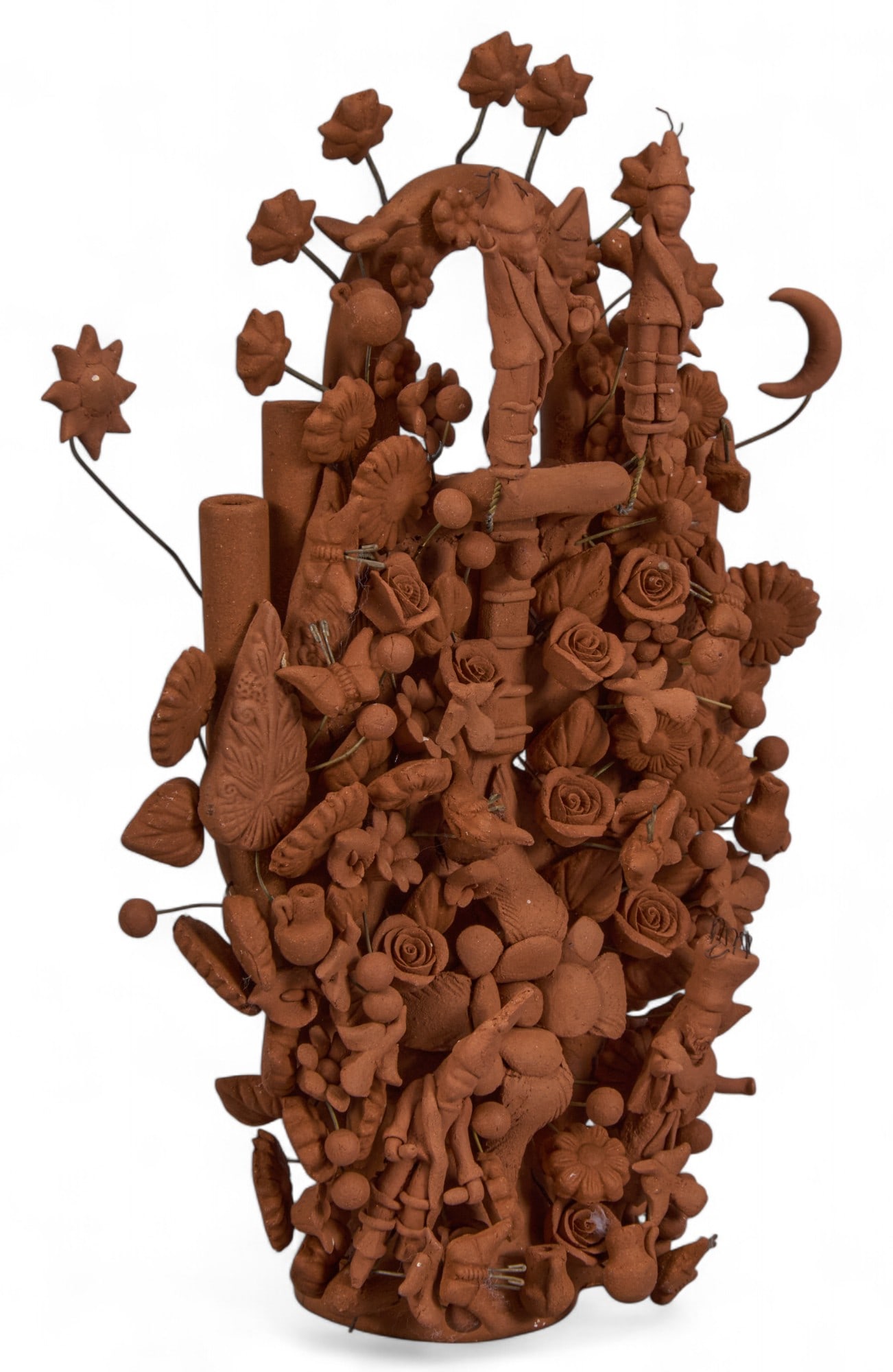 Juan Hernandez Arzalos, Unpainted Candelabra: Juan Hernandez Arzalos (Metepec, Mexico), small unpainted, hand-sculptuted tree of life candelabra, circa 2000s height 7.5 in. x width 6.5 in. x depth 2 in.