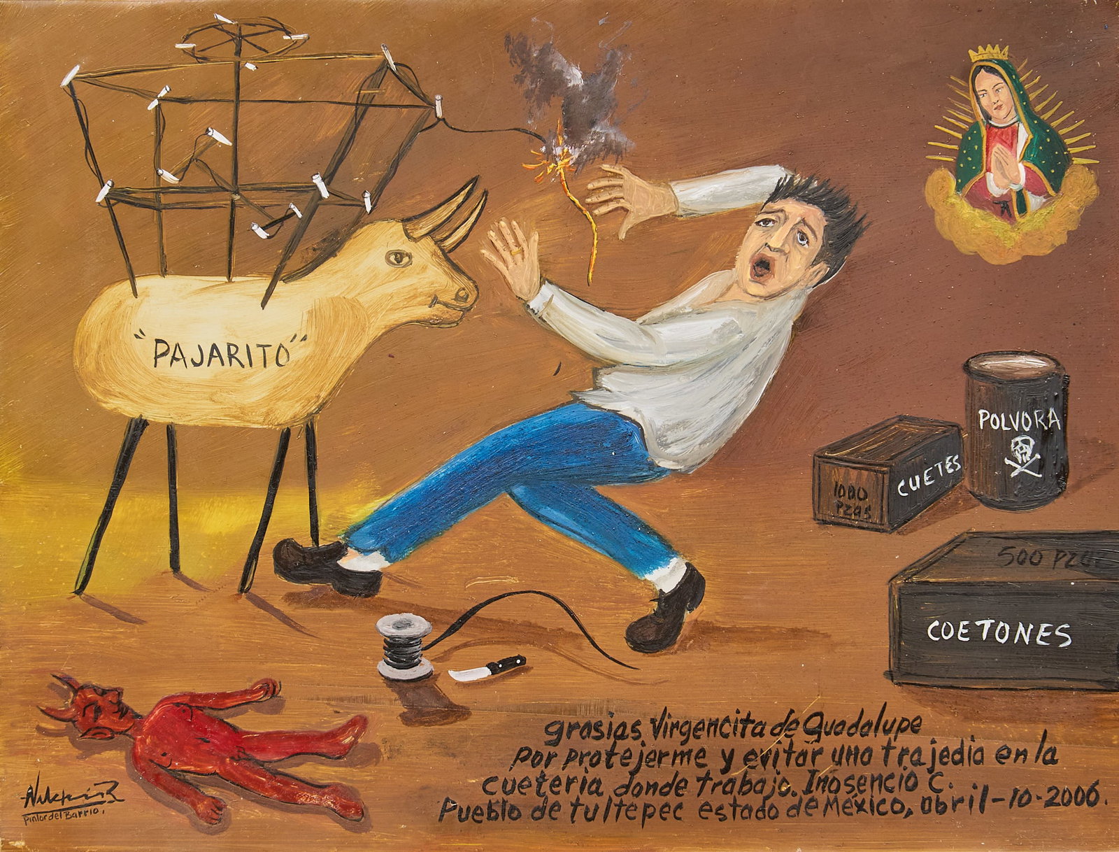 Ex-Voto, Workshop Explosion: Mexican ex-voto depicting warehouse explosion, oil on tin, dated 2006, signed Alfredo Vilchis Roque, "pintor del barrio" frame:14.25 in x 11.75 in., sight: 12 in. x 9.25 in. Provenance