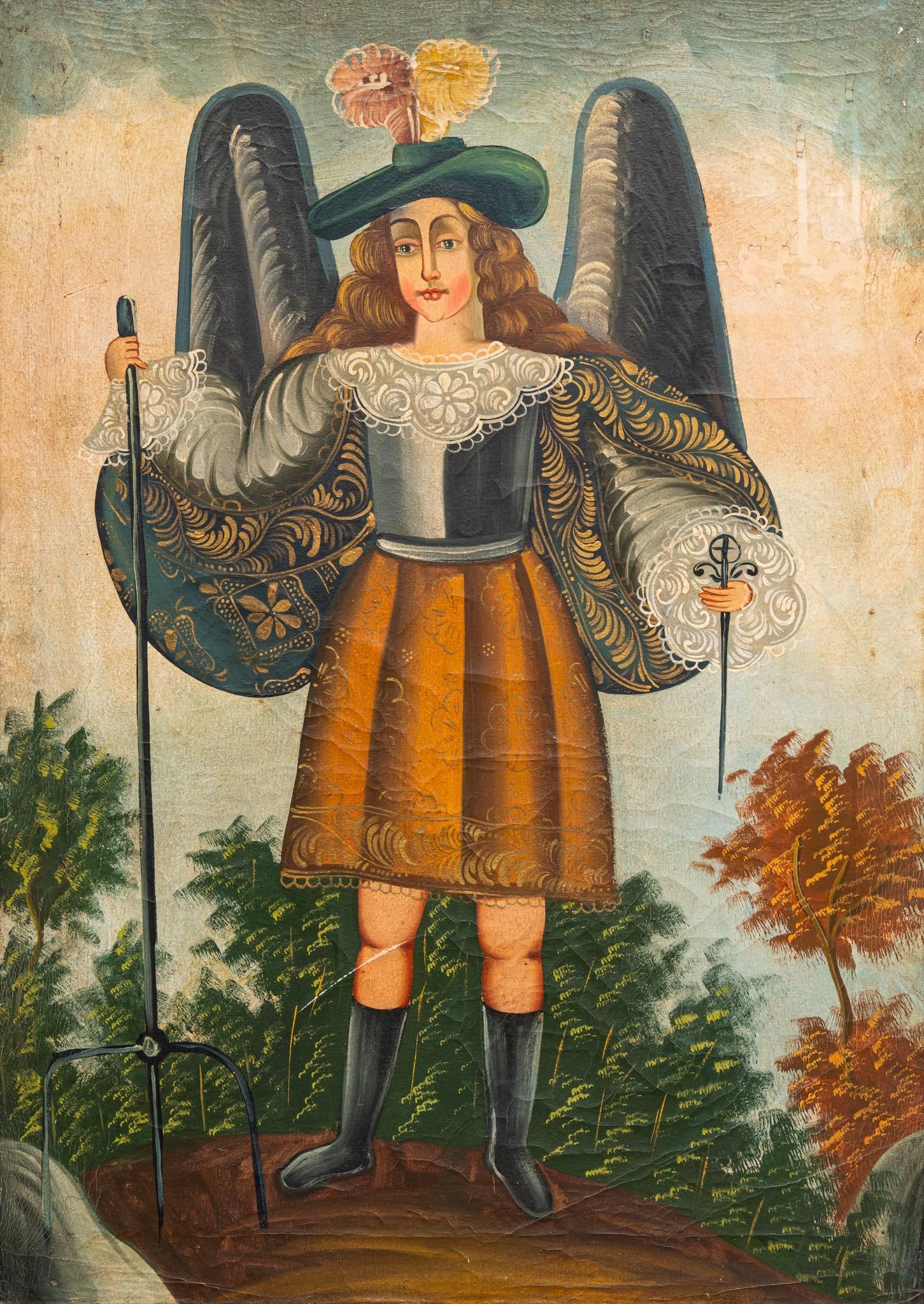 Cuzco School Oil Painting: Cuzco School, oil painting depicting an angel holding a staff and sword, framed sight: 27 x 19 in., frame: 36 x 27.5 in. Provenance: Property from a home in Tomball, Texas