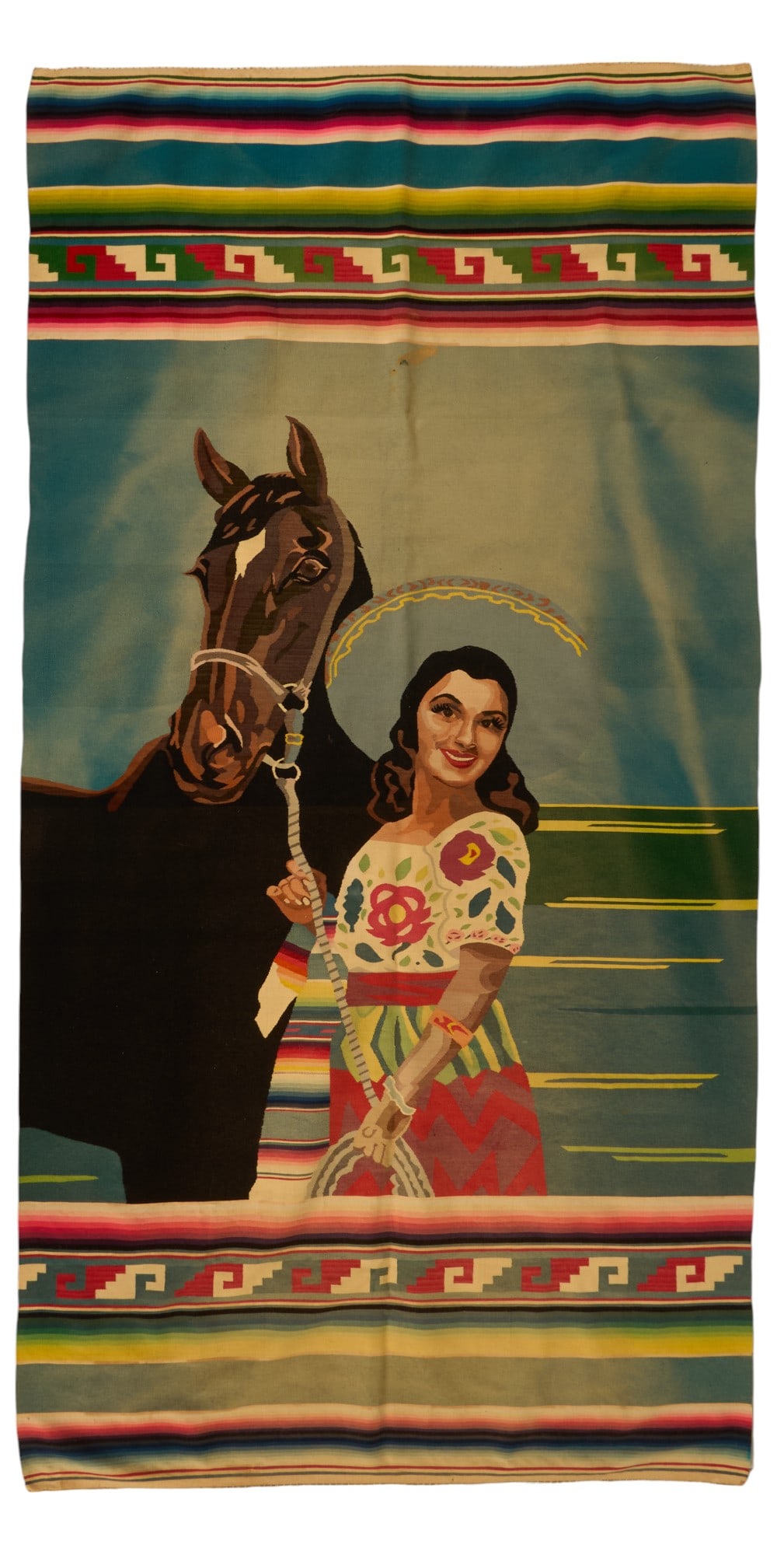 Charra With Horse Saltillo Serape: Charra with horse serape featuring large charra motif, circa 1940s/50s length 87 in. x width 44 Provenance: Property from a San Antonio, Texas collection