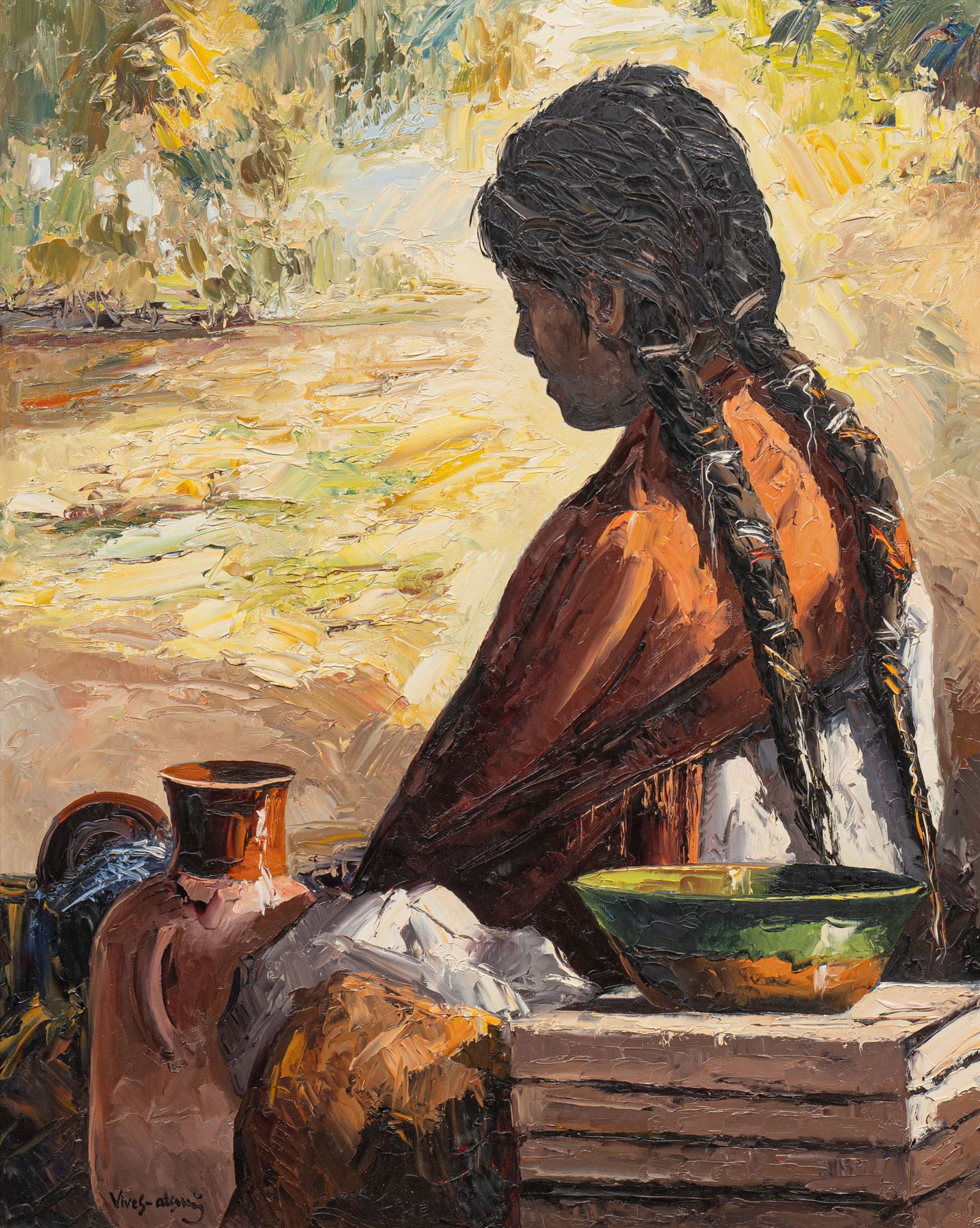 Jose Vives-Atsara, "Tipo Indigena": Jose Vives-Atsara (Spain / San Antonio, Texas, 1919-2004), "Tipo Indigena", oil on masonite, not dated sight: 30 x 24 in., frame: 38.5 x 32.5 in.