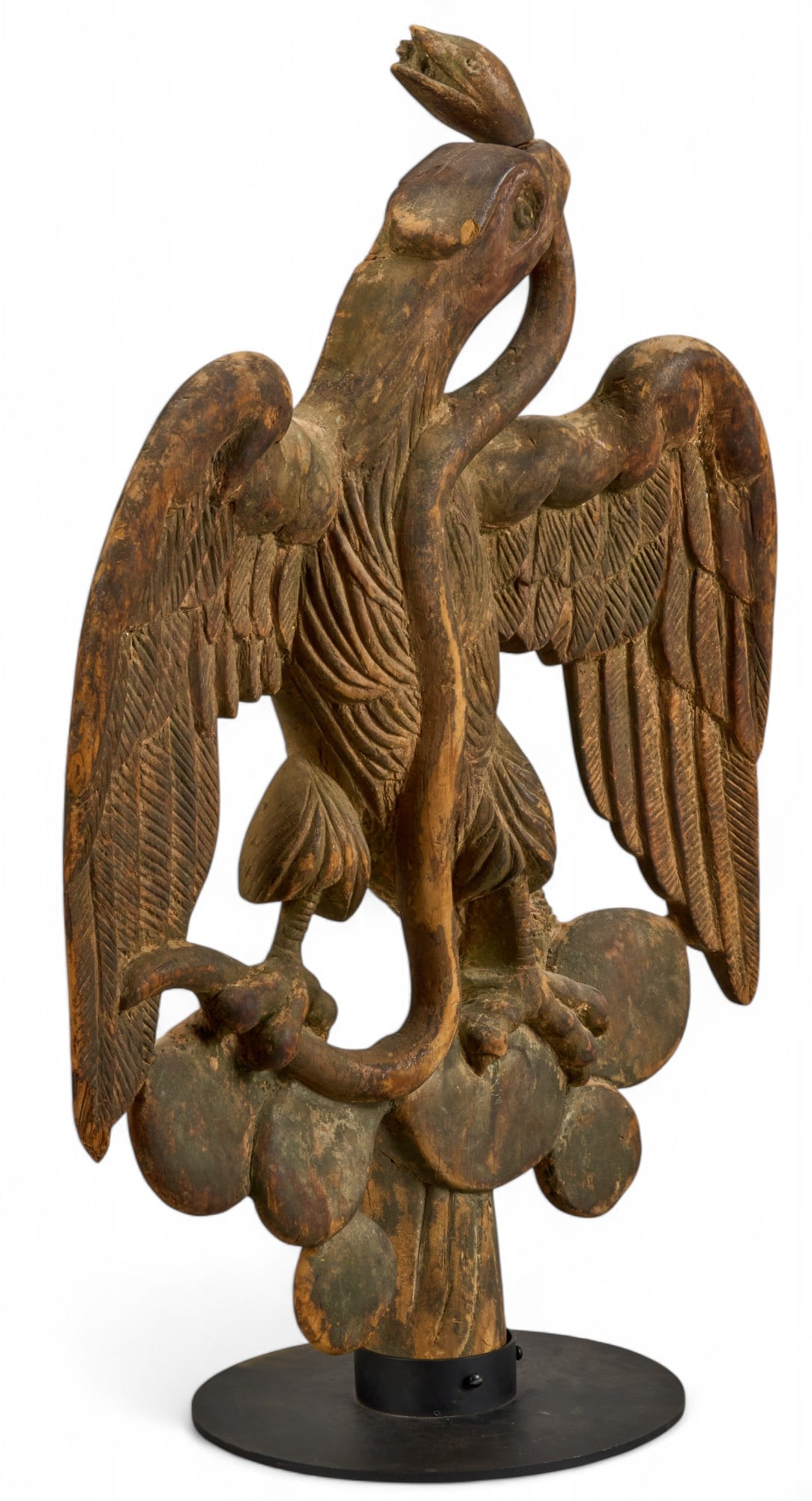 José de la Cruz Porfirio Díaz Mori Mex. Coat of Arms Sculpture: Antique carved wooden sculpture depicting Mexican Coat of Arms, depicting design that depicts eagle facing right, created during the dictatorship of Mexican general and politician, José de