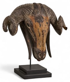 Carved Wooden Ram's Head Sculpture