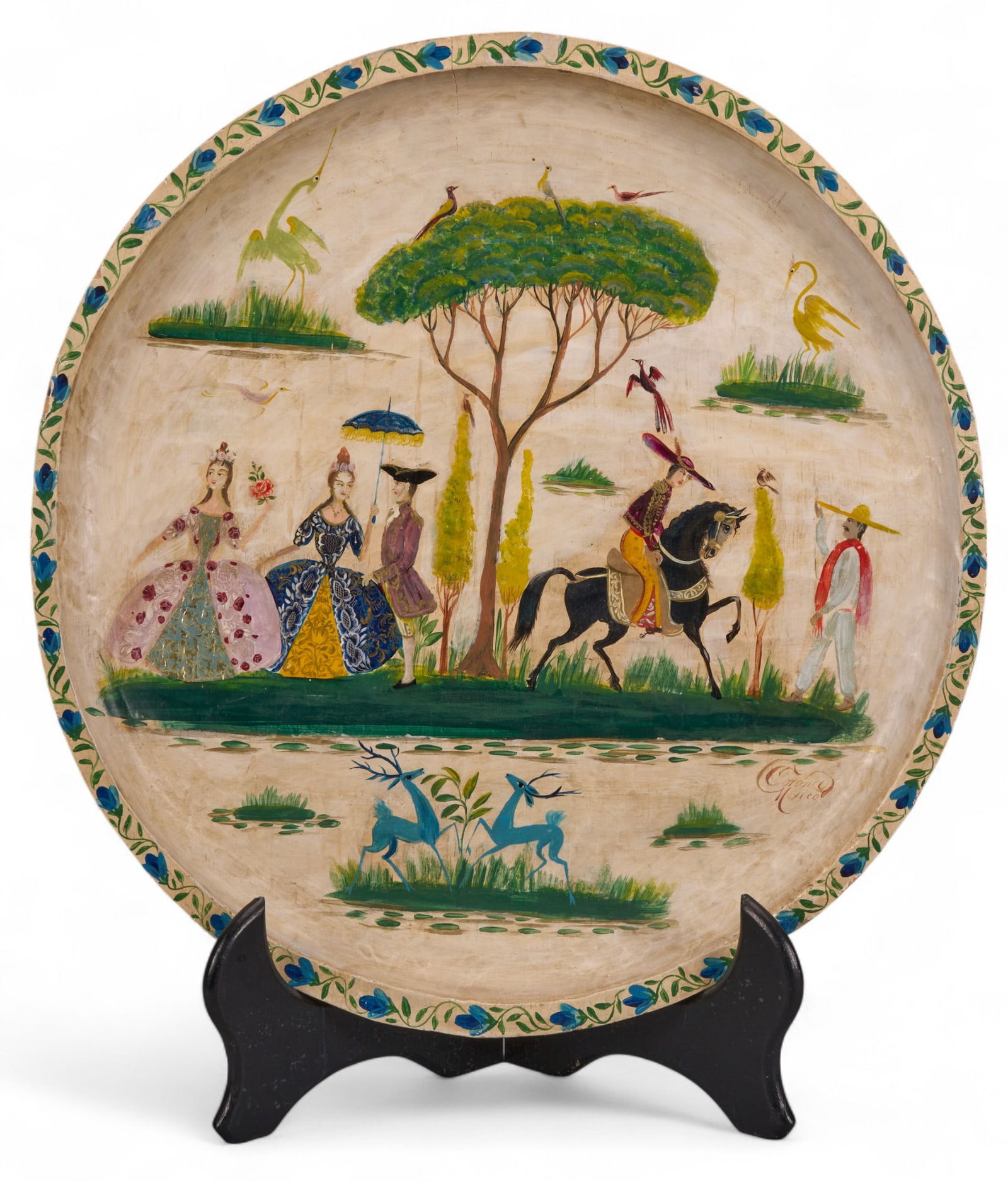 Salvador Corona, Painted Tray: Salvador Corona, large signed wooden lacquerware tray, depicting French Colonial period scene with figures under tree, with blue deer, circa 1940s-50s height 22 in. x width 21 in. x depth 1.5 in.