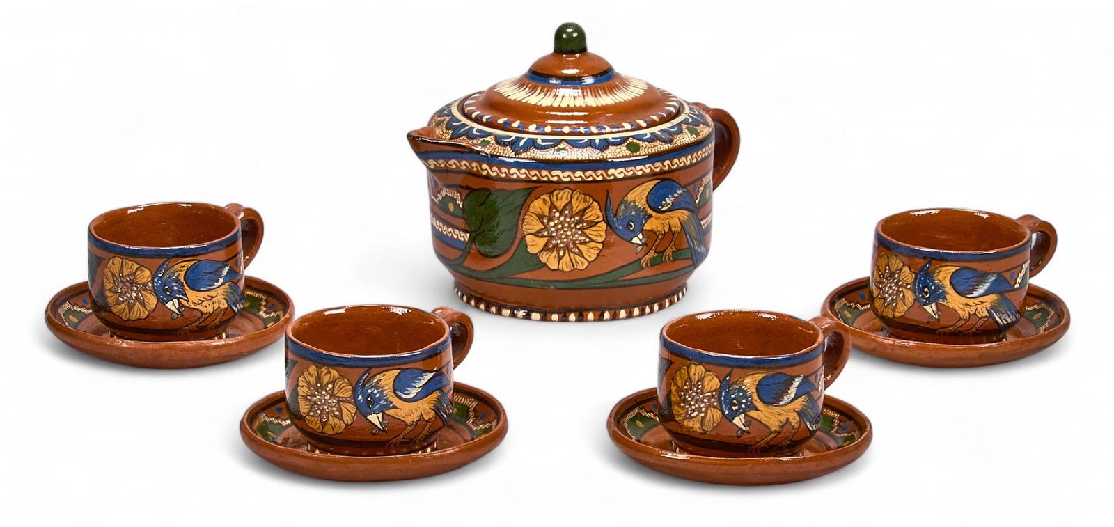 Pedro Ruiz Martinez Attrib. Tea Set (9) pcs: Attributed to Pedro Ruiz Martinez (b. 20th century, Capula Michoacan) ceramic tea set with four cups and saucers height 6 in. x 7.5 in. x width 8.5 in. Provenance: Property from the noted L