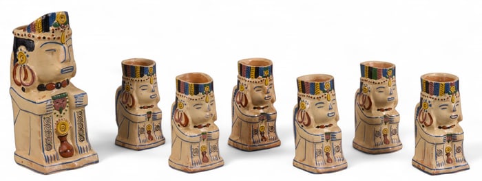 Aztec Style Ceramic Pitcher with (6) Cups