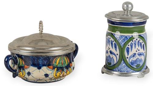 Pair of Mexican Ceramic Dishes with Metal Lids