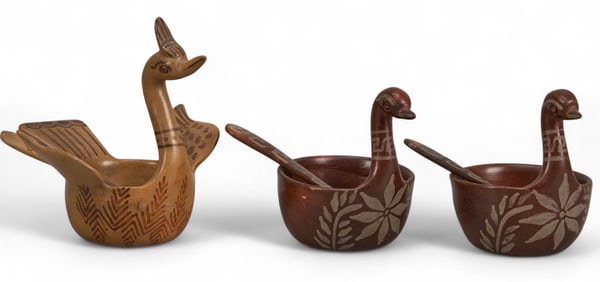 (3) Carved Wooden Swan Bowls with Spoons