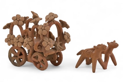 Mexican Folk Art Terracotta Wagon & Donkeys