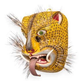 Painted Jaguar Mask with Feathers