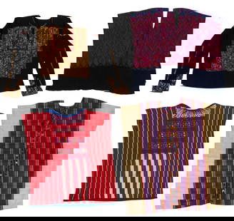 (4) Embroidered Blouses and Huipils: Collection of four blouses and huipils, with Oaxacan white cotton blouse with purple embroidery, black blouse with ochre and red embroidery, huipil with magenta and blue diamond pattern embr
