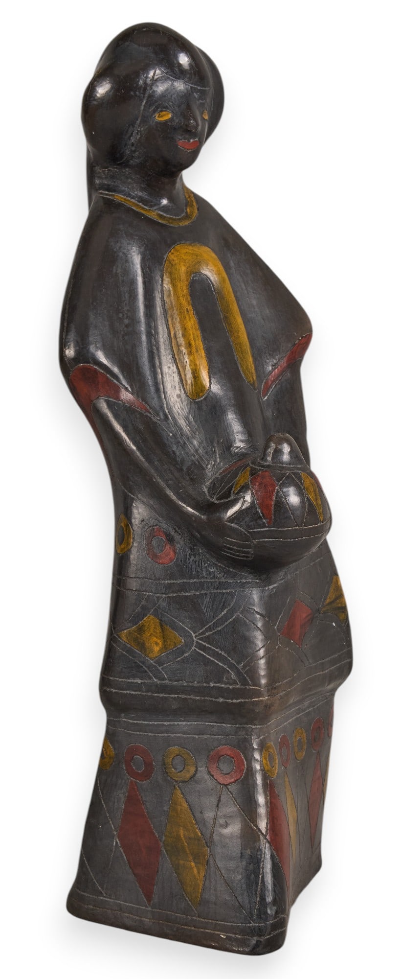 Manuel Felguerez, Woman with Vessel: Manuel Felguerez (1928 - 2020, Mexico / Unites States), ceramic sculpture of standing woman holding pottery vessel, polychrome accents hei