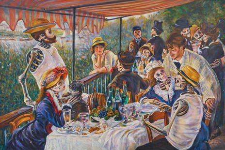 Gilbert Duran, Renoir-Style Calaveras Boating Party: Gilbert Duran (San Antonio, Texas, 1947-2023), Renoir-style Calaveras boating party scene, 1998, oil on stretched canvas, not framed height 48.25 in. x width 72 in.