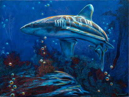 Gilbert Duran, Shark, 1996: Gilbert Duran (San Antonio, Texas, 1947-2023), prowling shark with coral and underwater life, Atlantis Southwest series, 1996, oil on canvas size: 36 x 48 in. Artist's note: As the beast