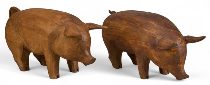 Pair of Mexican Pig Wooden Sculptures