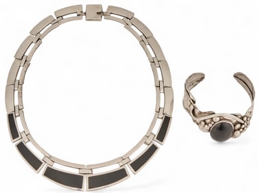 Mexican Sterling Silver Onyx Necklace and Cuff