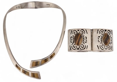 Mexican Sterling Silver Tigers Eye Cuff Necklace and Bracelet