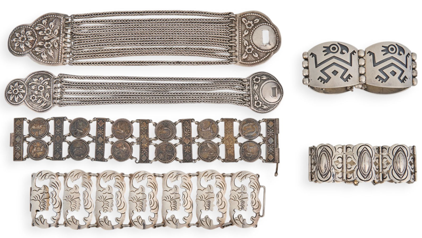Collection of (6) Sterling Silver Bracelets: Collection of six sterling silver bracelets including two multi-chain bracelets, marked "925", three articulated chain bracelets, marked "Sterling 925", one Native American st